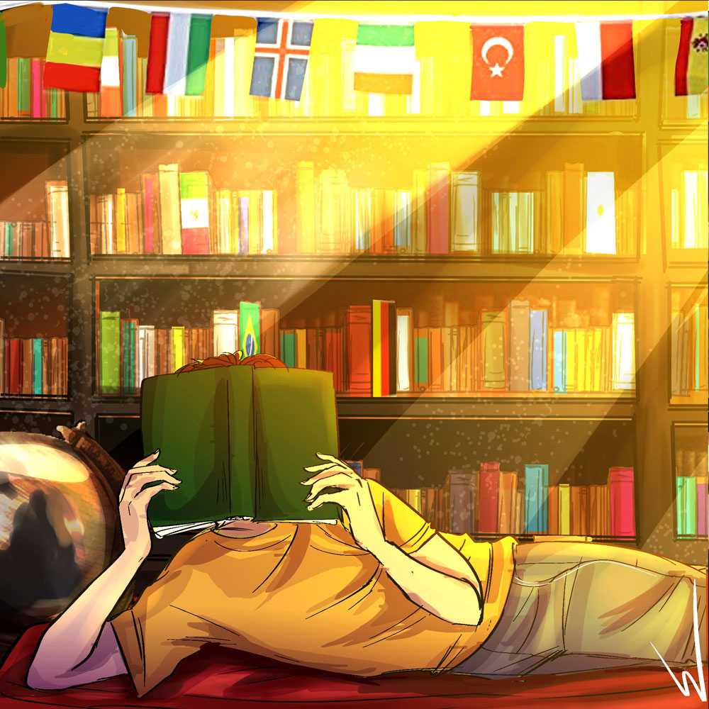 A male figure reclines in front of a bookshelf. The book he is reading obscures his face. Flags from around the world hang from the bookshelf.