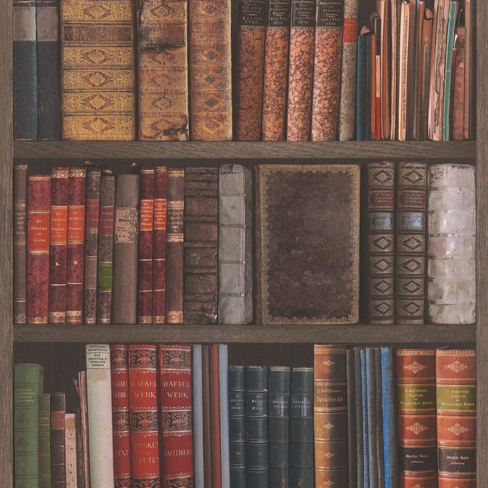 Image of a bookshelf with three levels containing old fashioned hardback books of varying sizes