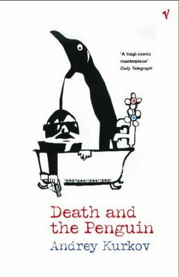 Image of book cover 'Death and the Penguin' by Andrey Kurkov, showing a man in a bathtub holding a gun, a large penguin stands behind him