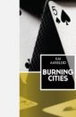 Book cover for Burning Cities by Kai Aareleid. Image shows a two card tower, the card facing outwards is the five of spades.