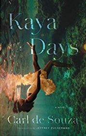 Cover image for Kaya Days by Carl de Souza. Image shows a young woman in balletic pose, walking on a river bed