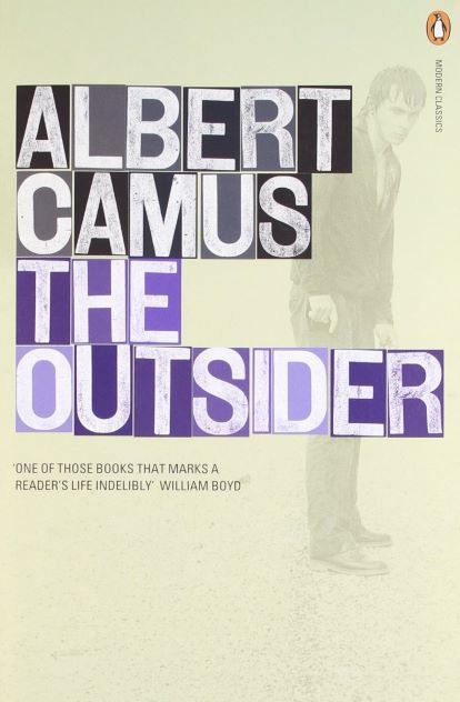 Book cover for The Outsider by Albert Camus, showing a shabbily dressed man standing on a beach
