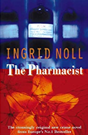 Image shows book cover of The Pharmacist by Ingrid Noll with a picutre of poison bottles